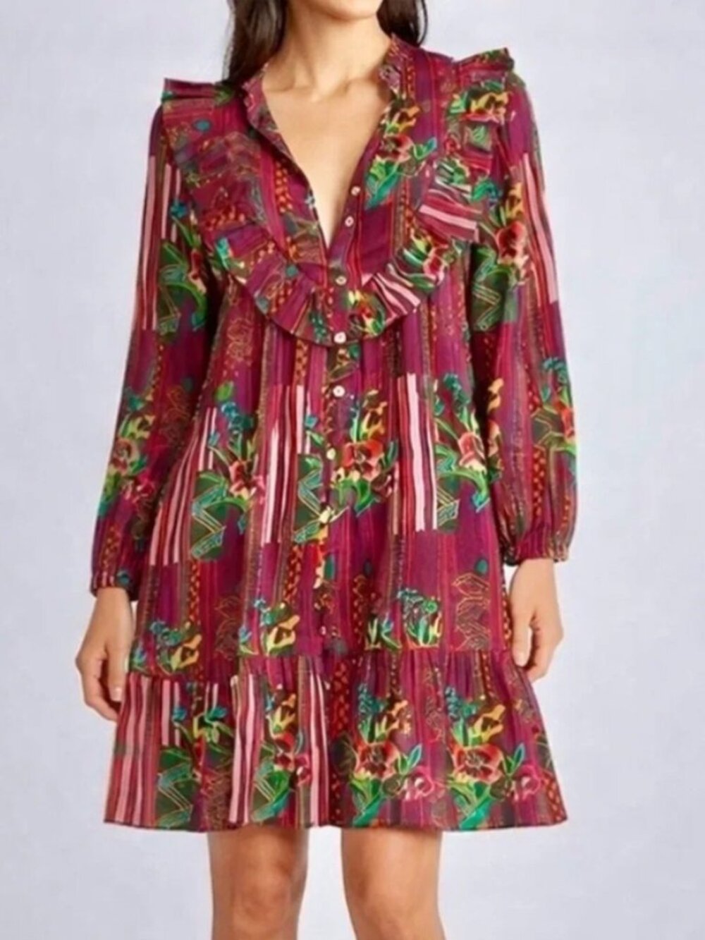 Ro's Garden Purple Floral Long Sleeve Ruffle Mini Dress NWT Size M